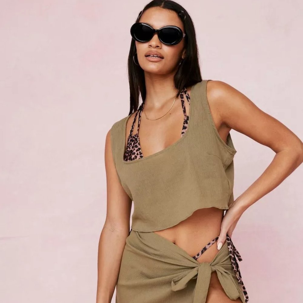 NASTY GAL CHIFFON COVER UP MINI SKIRT & CROP TOP OLIVE GREEN / NEVER WORN